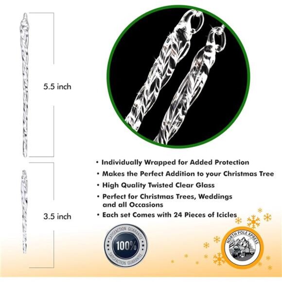 Twisted Clear Glass Icicle Christmas Ornaments for Christmas Trees - 24 Icicles - Picture 3 of 8